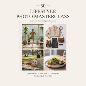 Puede incluir: Imagen con el texto "- 50 - LIFESTYLE PHOTO MASTERCLASS" y "A complete educational guide for creators." La imagen incluye fotos de estilo de vida: yoga, una blazer, pantalones, zapatos, un bolso, gafas de sol, lectura y tostadas de aguacate.