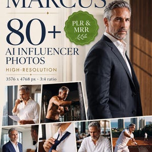 May include: A digital collection titled MARCUS 80+ AI INFLUENCER PHOTOS featuring a middle-aged man with gray hair in various settings including a suit, gym, office, and tennis court. The text includes PLR & MRR, HIGH-RESOLUTION, and 3576 x 4768 px.