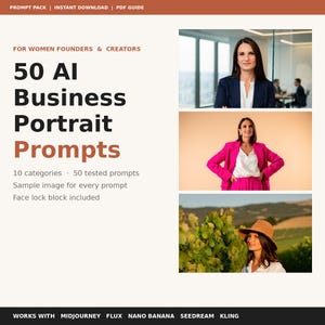Puede incluir: Gráfico promocional para "50 indicaciones de retratos empresariales de IA" para mujeres fundadoras y creadoras. La imagen incluye retratos de muestra y detalles sobre las indicaciones, como 10 categorías y 50 indicaciones probadas. El gráfico también enumera plataformas de IA compatibles.
