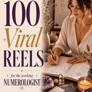 以下が含まれることがあります： 100 Viral Reels for the working NUMEROLOGISTというタイトルのデジタルガイド。Issue 01、Number & Story、Instagram Scripts、Hooks、Captionsなどのテキストオーバーレイが含まれています。クリーム色の背景に濃い紫と金のタイポグラフィがデザインされています。