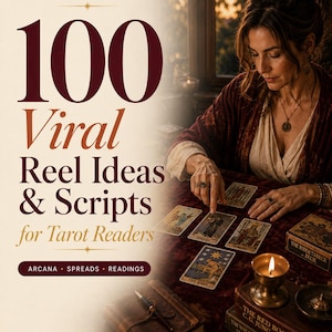 Op de afbeelding: Een digitale gids getiteld 100 Viral Reel Ideas & Scripts for Tarot Readers van The Lumina Co. De cover toont een persoon die tarotkaarten neerlegt op een donkerrood kleed naast een brandende kaars, boeken en een pen, met tekst over 100 reels, 10 categorieën en directe PDF-toegang.