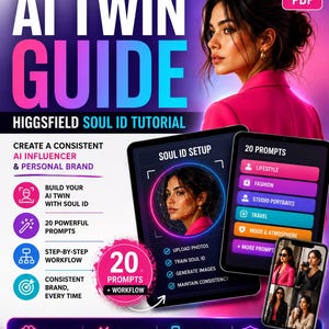 May include: A digital guide titled AI TWIN GUIDE HIGGSFIELD SOUL ID TUTORIAL 2026 PDF featuring a person in a pink blazer. The graphic displays text about creating an AI influencer, 20 prompts, and a workflow, with tablet and phone screens showing interface examples.