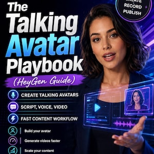 May include: A digital guide titled The Talking Avatar Playbook by HeyGen featuring a person in a dark blazer. The graphic includes text such as Create, Record, Publish, Create Talking Avatars, Script, Voice, Video, and Fast Content Workflow.