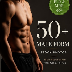 Puede incluir: Un gráfico digital que muestra un torso musculoso y el texto: PLR & MRR, 50+ MALE FORM STOCK PHOTOS, HIGH-RESOLUTION, 3600 x 4800 px, 3:4 ratio. La imagen muestra a una persona sin camisa con abdominales definidos y pantalones cortos negros.