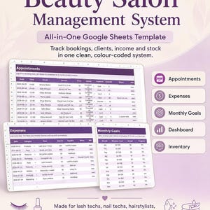 May include: A Beauty Salon Management System Google Sheets template featuring purple headers and text. It includes tables for Appointments, Expenses, and Monthly Goals, with icons for Appointments, Expenses, Monthly Goals, Dashboard, and Inventory.
