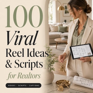May include: A digital guide titled 100 Viral Reel Ideas & Scripts for Realtors by The Lumina Co. The cover features text, a tablet displaying a floor plan, a set of house-shaped keys, and a stack of books. It includes 100 reels, 10 categories, and an instant PDF.