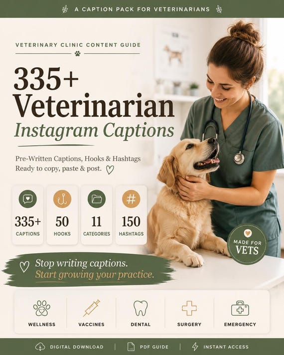 Veterinarian Instagram Captions | Vet Clinic Content Pack | Hooks Hashtags PDF | Instant Download