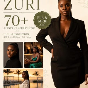 Peut inclure: Une collection numérique intitulée ZURI comprenant plus de 70 photos d'influenceurs IA en haute résolution, 3600 x 4800 px, format 3:4. L'image montre une personne en robe blazer noire, un portrait, une personne en robe verte et une en blanc.