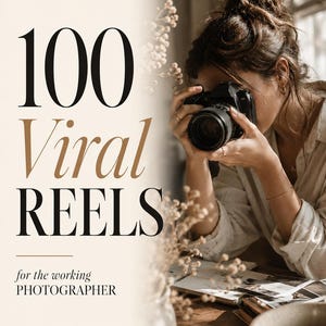 May include: A digital document titled 100 Viral Reels for the working photographer, featuring text that reads Issue 01 Frame & Story, Instagram Scripts, Hooks, Captions, and Etsy Instant PDF 100 Scripts Hooks Captions Sound, with a photographic background.