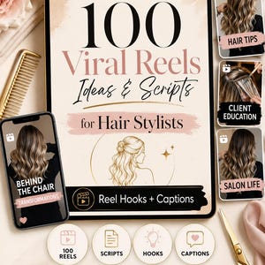 Könnte beinhalten: Ein digitales Download-Produkt für Friseure. Das Bild zeigt ein Tablet mit dem Text "100 Viral Reels Ideas & Scripts for Hair Stylists". Weitere Elemente sind ein Telefon, das ein Video anzeigt, Symbole und die Worte "Instant Download PDF."