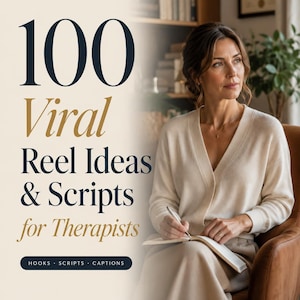 May include: A digital product cover titled 100 Viral Reel Ideas & Scripts for Therapists by The Lumina Co. The design features dark blue and gold text on a cream background, listing hooks, scripts, captions, 100 reels, 10 categories, and instant PDF.
