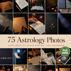 Op de afbeelding: Een collectie van 75 astrologie-stockfoto's met dierenriemkaarten, hemelse diagrammen, goudkleurige pennen, kaarsen en open boeken met astronomische illustraties, gepresenteerd in een raster met de tekst 75 Astrology Photos.
