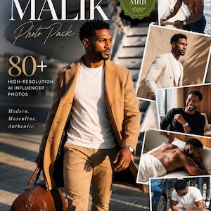 May include: A digital collection titled AI INFLUENCER MALIK Photo Pack featuring 80+ high-resolution images of a man in various settings, including wearing a tan coat, white t-shirt, and carrying a brown leather duffel bag, with text overlays.