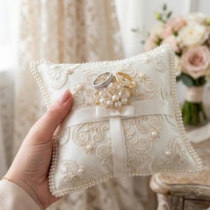 Cojín para anillos de boda de encaje color marfil y perlas, cojín de satén para el portador de los anillos de boda.
