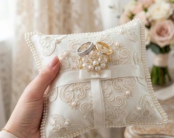 Ivory Lace Pearl Wedding Ring Pillow, Satin Bridal Ring Bearer Cushion