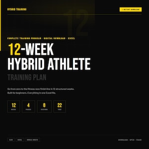 May include: A digital download graphic with the text "12-WEEK HYBRID ATHLETE TRAINING PLAN" in white and yellow on a black background. The plan is designed for beginners and is built in an Excel file.