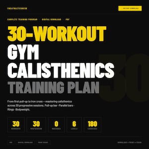 30-er Workout Gym Calisthenics Trainingsplan PDF | Pull-Up Eisernes Kreuz | Anfänger bis Elite | Sofortdownload