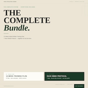 May include: A digital product bundle with the text "THE COMPLETE Bundle." Includes a 12-Week Hybrid Athlete Training Plan and Race Week Protocol. The product also includes an Excel plan and a PDF guide for race week.