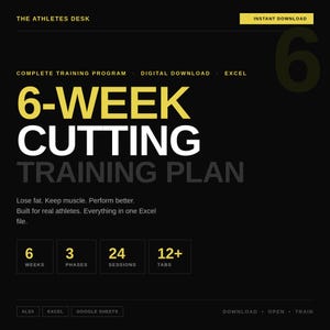 May include: Digital download for a 6-Week Cutting Training Plan. The black background features yellow and white text, including "6-WEEK CUTTING TRAINING PLAN." The plan promises to help users lose fat, keep muscle, and perform better. Includes 6 weeks, 3 phases, 24 sessions, and 12+ tabs.