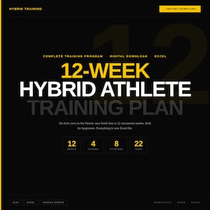 12-Week Hybrid Athlete Training Plan for Beginners | Fitness Race Prep | Excel & Google Sheets Workout Tracker | Strength Cardio Program