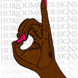May include: Illustration of a brown hand making the "OK" sign with pink nail polish. The background features the text "HEIRLOOMKODESIGNS" in a repeating pattern. The image is a digital art piece.