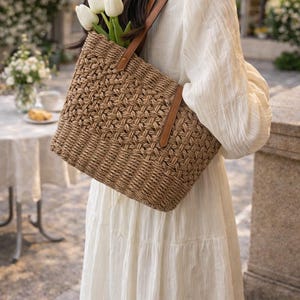 Rattan Wicker Strand Tote für Frauen, große Kapazität Stroh Handtasche, Sommer Reise Korb Tasche