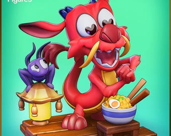 Handmålad Chibi Mushu-staty - Mulan - Fullstorlek