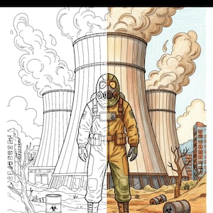 May include: Illustration of a person in a hazmat suit standing in front of a nuclear power plant. The image is split, with one side in black and white and the other in color. The text "CHERNOBYL NIGHTMARES" is at the top.