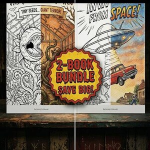 May include: A two-book bundle with retro horror and B-movie terror themes. The "Retro Horror" book features a giant plant illustration, and the "B-Movie Terror" book shows a UFO abducting a car. The bundle is labelled "2-BOOK BUNDLE SAVE BIG!"