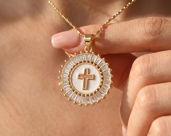 Goldene Kreuzkette, Perlmuttanhänger, Schmuck für spirituelle Feste, Christlicher Reise-Talisman