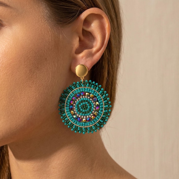 Boho Beaded Circle Earrings, Hand Woven Seed Bead  Dangles, Mandala earrings, Summer Vacation Gift
