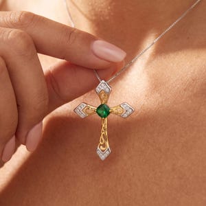 Vintage Two Tone Cross Necklace, Simulated Emerald Ruby Pendant, Filigree Crucifix Charm,Meaningful Talisman