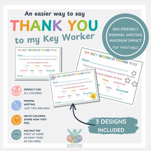 Può includere: Un set di tre biglietti di ringraziamento stampabili per un operatore chiave, con il testo 'An easier way to say THANK YOU to my Key Worker'. I biglietti includono spazi da compilare per i nomi e caselle di controllo per indicare sentimenti come orgoglioso, felice, compreso, fiducioso, sicuro, calmo e incoraggiato.