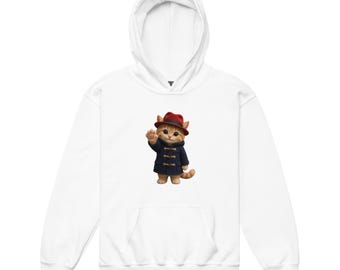Lindo gato con un abrigo azul y un gorro rojo - Sudadera juvenil de tejido grueso.