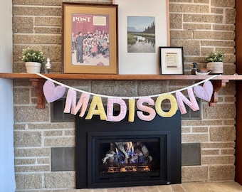 Custom Fabric Name Garland • Gingham Nursery Banner, Choose Colors