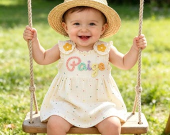 Vestido personalizado para niña con nombre, vestido tipo chaleco bordado a medida para niña, ropa de verano para niña, regalo personalizado para bebé niña.
