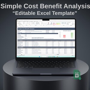 May include: A laptop displaying an Excel spreadsheet titled "Simple Cost Benefit Analysis." The screen shows data tables and charts. The laptop is on a dark gray cylindrical stand. The text "Editable Excel Template" is above the laptop.