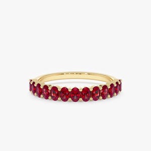 Red garnet CZ Oval Cut 4X3mm Prong Set Half Eternity band, 925 Sterling Silver Gold Plated Garnet Ring, garnet Eternity Stacking Band Ring