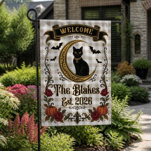 Personalized Halloween Family Garden Flag with Name & Elegant Victorian Black Cat Decor, Double-Sided Gingham