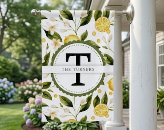Custom Lemon Monogram Garden Flag Personalized Family Name Yard Banner Outdoor Summer Citrus Decor