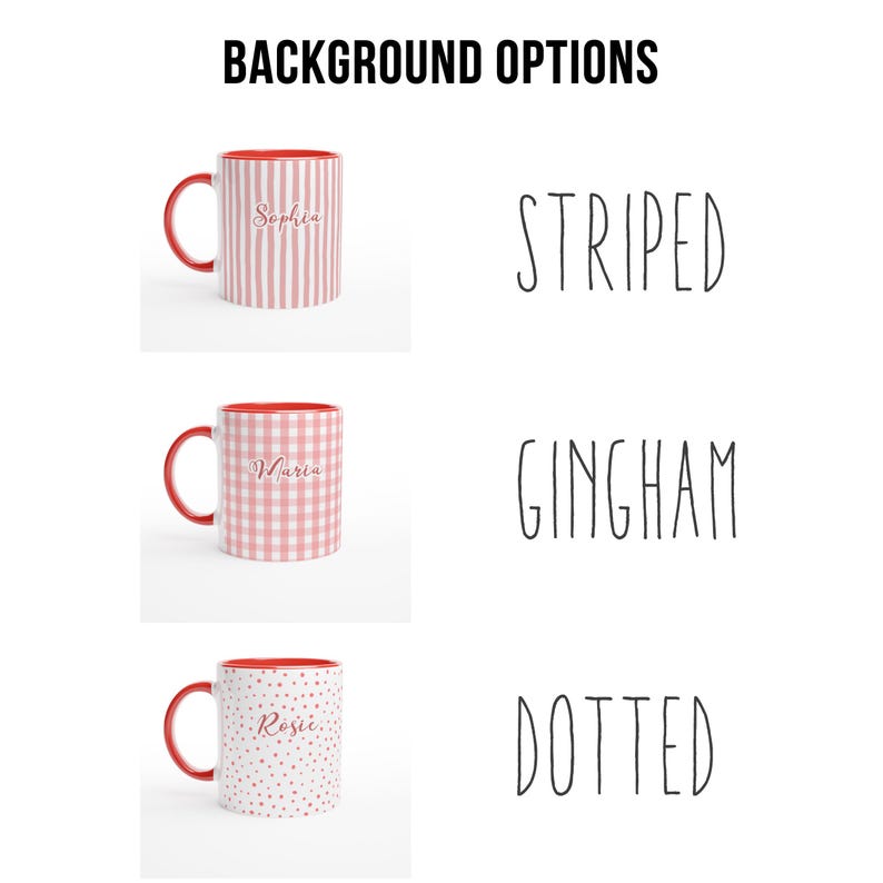 May include: Three ceramic mugs with red handles and interiors. Each mug features a different pattern: striped, gingham, and dotted. The mugs are labeled with the names "Sophia", "Maria", and "Rosie". The text "BACKGROUND OPTIONS" is at the top.