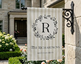 Custom Family Garden Flag, Monogram and Name, Striped or Gingham Floral Initial Porch Banner