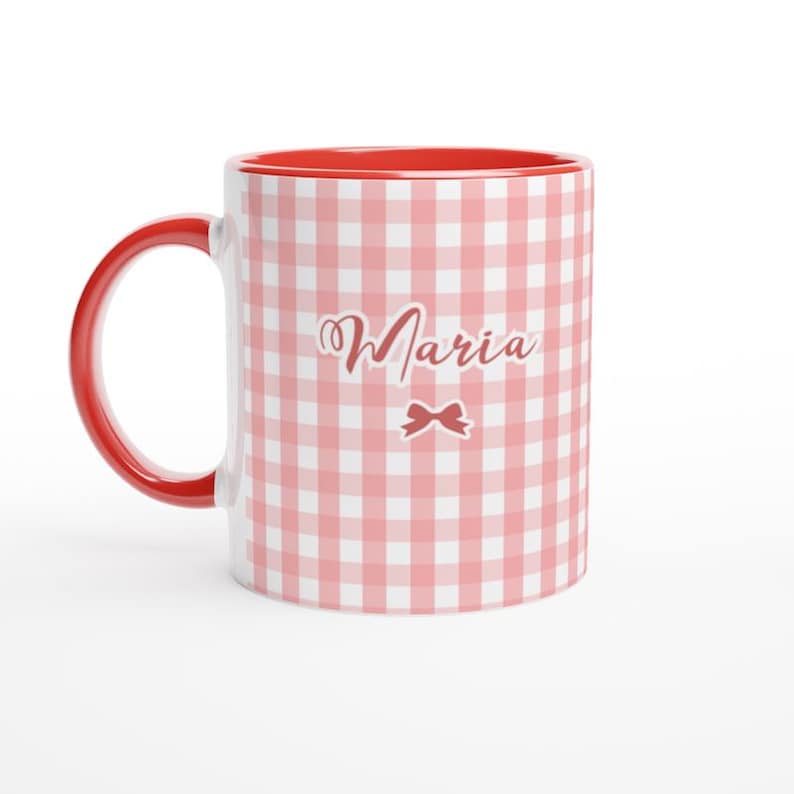 A Ceramic Mug with the personalized name "Maria" in a playful font. Gingham style. 11 oz mug