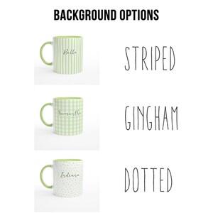 Personalized Name Mug: Gingham, Striped, Dotted - Custom Font & Graphic - Microwave Dishwasher Safe Ceramic Green
