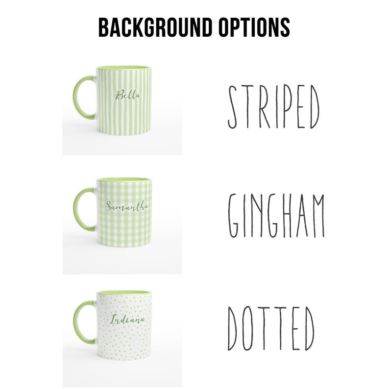 Personalized Name Mug: Gingham, Striped, Dotted - Custom Font & Graphic - Microwave Dishwasher Safe Ceramic Green