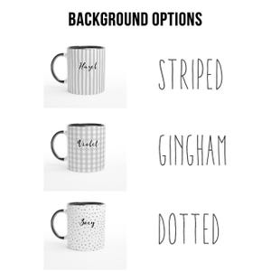 Personalized Name Mug: Gingham, Striped, Dotted - Custom Font & Graphic - Microwave Dishwasher Safe Ceramic Black