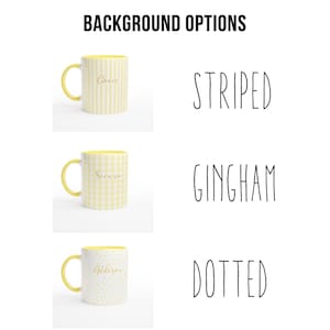 Personalized Name Mug: Gingham, Striped, Dotted - Custom Font & Graphic - Microwave Dishwasher Safe Ceramic Yellow
