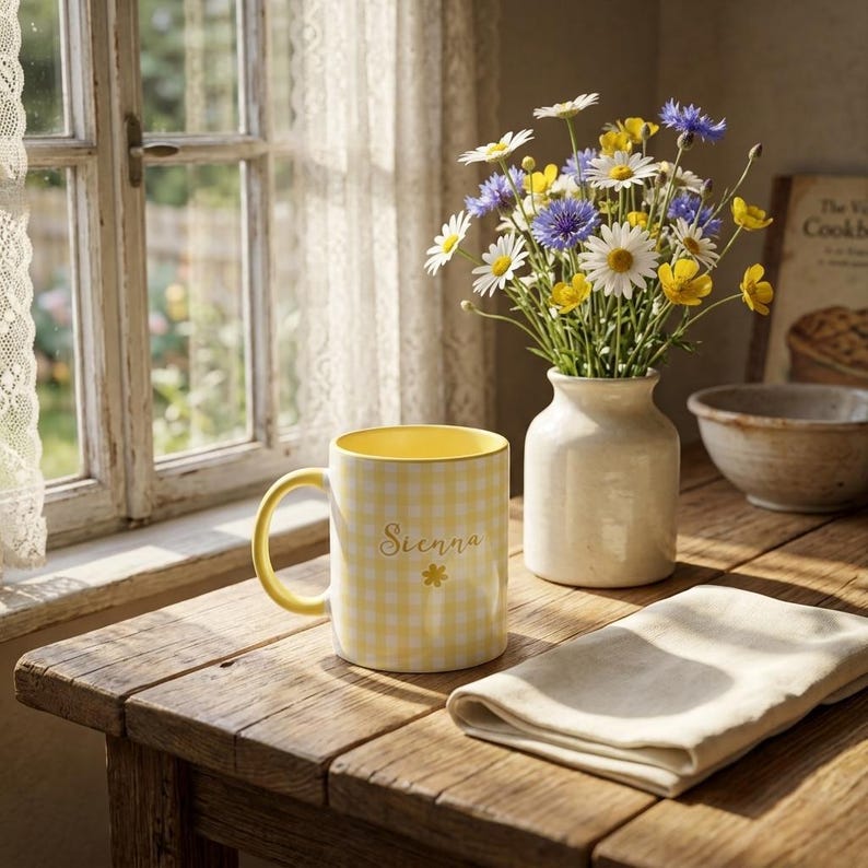 May include: A yellow and white checkered mug with the name "Sienna" and a small flower design. The mug sits on a wooden table next to a vase of flowers and a folded napkin. The mug has a yellow handle and interior.