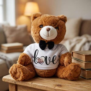 Könnte beinhalten: Ein brauner Plüschteddybär, der ein weißes T-Shirt mit einer schwarzen Fliege trägt. Auf dem T-Shirt steht das Wort love in schwarzer Schreibschrift, wobei ein kleines herzförmiges Foto eines Paares im Buchstaben o abgebildet ist.