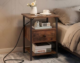 3-Tier Bedside Sofa Side Table Nightstand With Charging Station